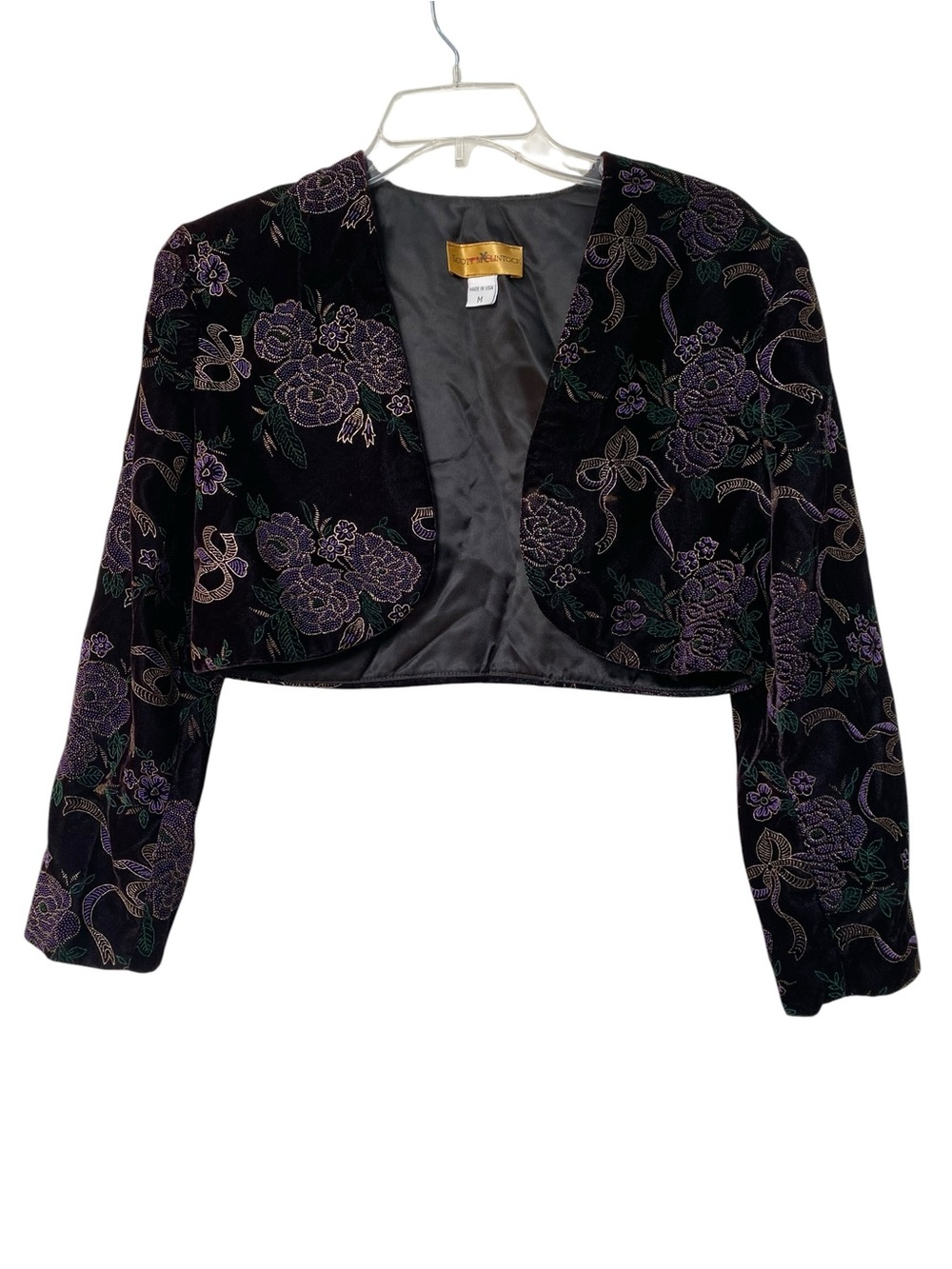 Scott McClintock Black Velvet Cropped Blazer Purple Green Metallic PM M Petite